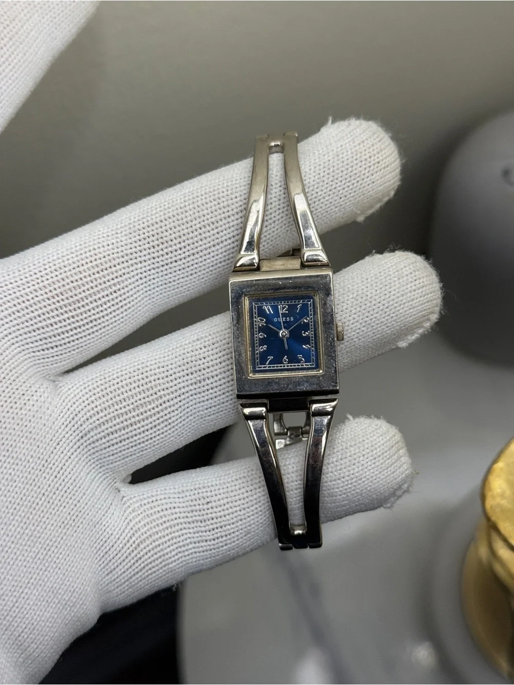 Guess Silver-Tone Bracelet Watch with Blue Dial Womens